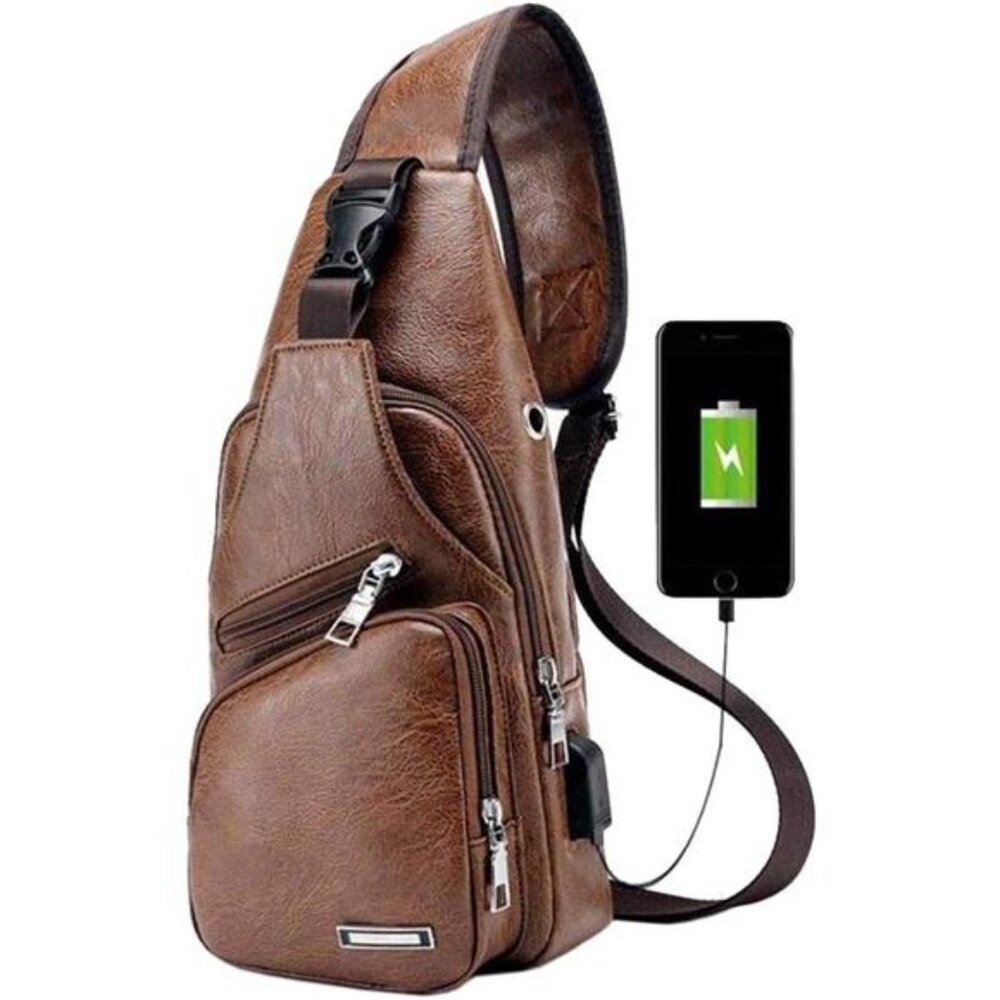 Leather Sling Bag Crossbody Backpack for Men Women Travel Outdoor